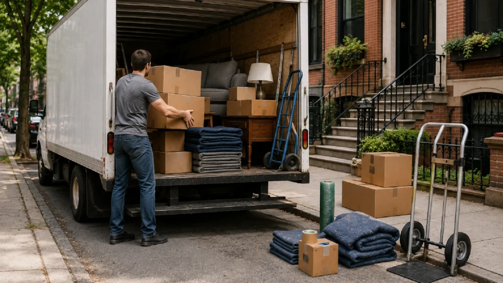 Man loading a rental truck for a DIY move in Boston